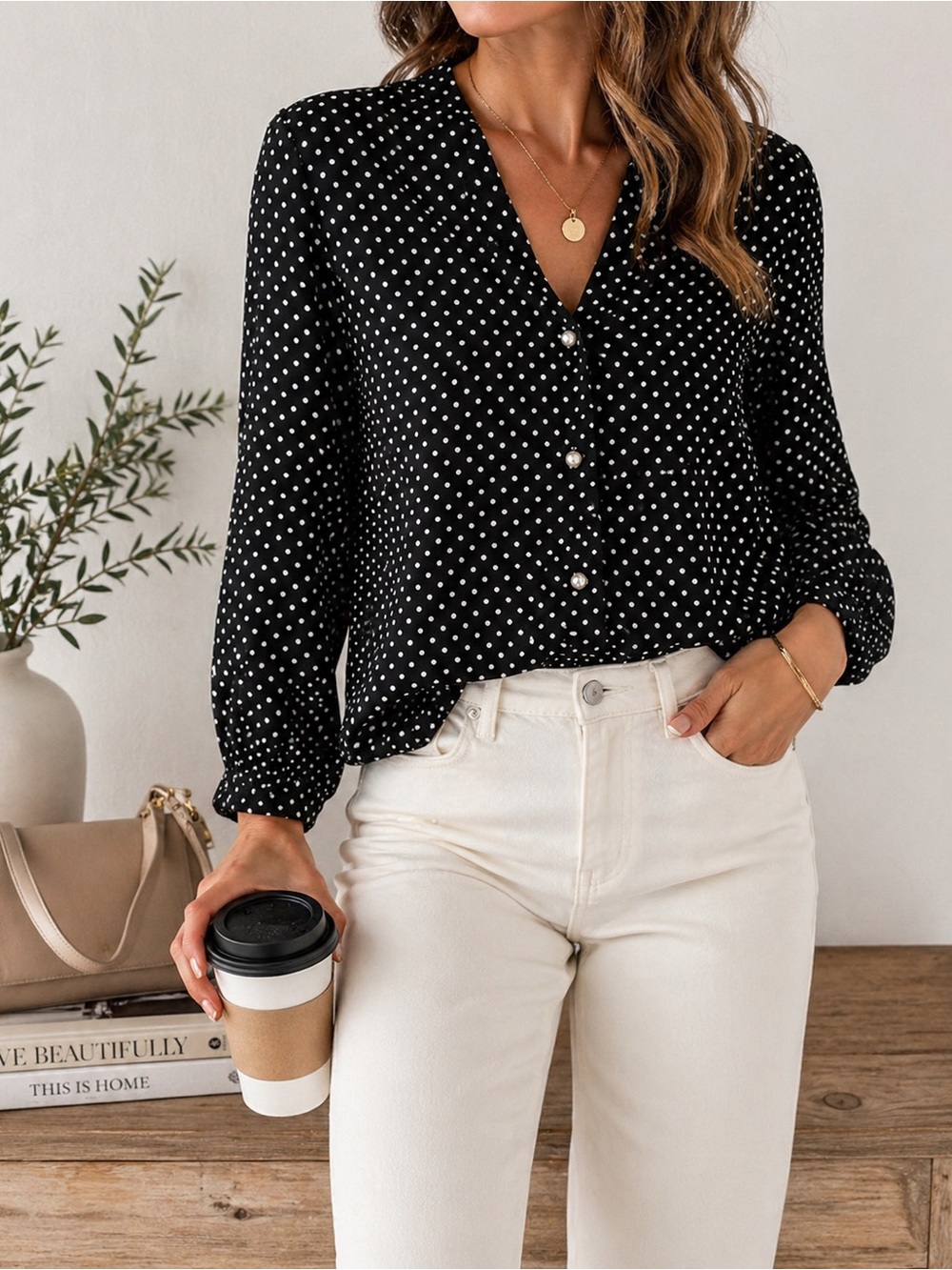 Simple Retro Black White Polka Dot Blouse Button Front Long Sleeve Top Size M